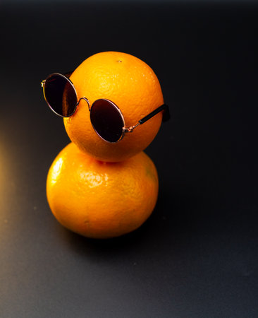 Top view of a orange with sunglasses sitting on top of another orangeの写真素材