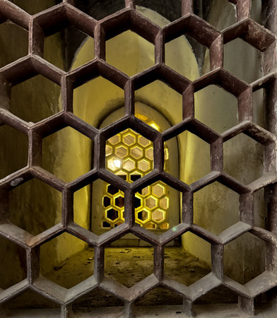Honeycomb,hexagonal patterned window in Amer Fort,Amber Fort , Jaipur, Rajasthan, India