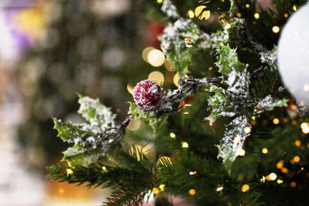 Holly berry decoration.Christmas toys.Sparkling garland lights.の写真素材