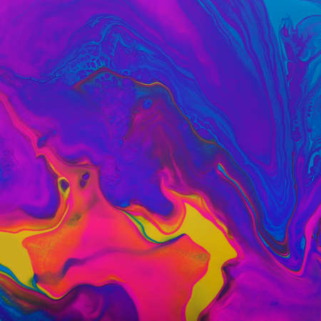 Colorful marble background.Mixed polishes-yellow,pink,blue and purple.Colorful marble background.Beautiful stains of liquid nail polish,fluid art technique.Pour painting technique.Square format.の写真素材