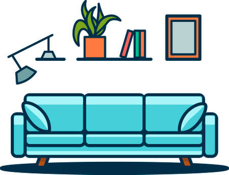 Illustration of the modern interior in flat lay style.Blue sofa with pillows, plant and books on the hanging shelf.のイラスト素材