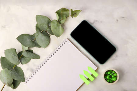 Blank notebook with push pins near it on the marble background.Mobile telephone with black screen..Fresh eucalyptus branch on the back.Copy space for text.Office mockup concept.の写真素材