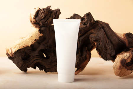 Composition from the blank cosmetics tube with wooden snag on the back.The concept of organic materials and careful attitude for nature.Neutral beige tones.Minimalistic decor.の写真素材