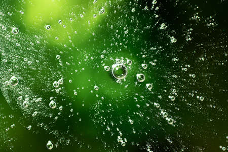 Macro photography of the transparent cosmetic gel with bubbles inside.Metallic green color.