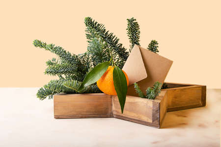 Cozy composition from the vintage wooden star-shaped tray,christmas tree branch,fresh mandarin and craft envelope.Concept of the holidays postcard.Copy space for text.の写真素材