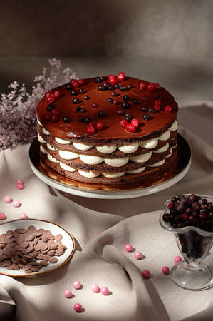 Tasty chocolate cake decorated with fresh berries.