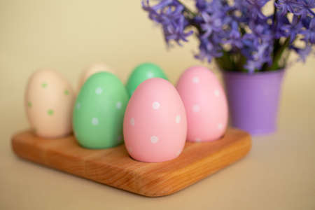 Pastel Easter eggs in the wooden tray.Violet flowers on background.