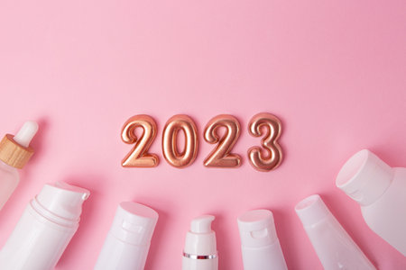 Top view of the cosmetics containers on pink background.Rose gold numbers 2023 above.Good for new year offer and text overlay.の写真素材