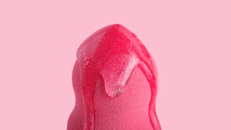 Closeup photography of beauty blender with dripping cosmetic gel on it.Neutral coral background.の写真素材