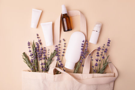Open eco friendly cotton reusable bag with the different containers.Pastel colors.Natural lavender around.Concept of organic,zero waste cosmetics.Woman bag with accessories.の写真素材