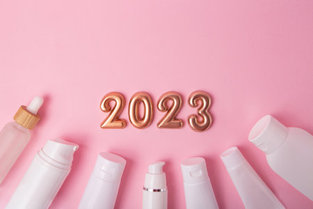 Top view of the cosmetics containers on pink background.Rose gold numbers 2023 above.Good for new year offer and text overlay.の写真素材