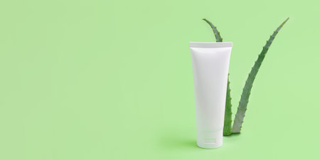 Blank cosmetics tube with aloe vera on background.Organic cosmetic concept,large banner.の写真素材