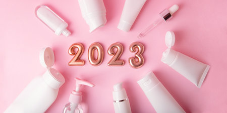 Top view of the cosmetics frame from containers on pink background.Rose gold numbers 2023 above.