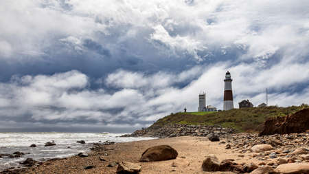 Montauk Point Lighthouse with moody skyの写真素材