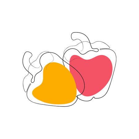 Continuous one line drawing bell pepper, paprika. Minimalist black one line sketch with color spots isolated on white background. Fresh food vegan concept design. Hand drawn vector illustration.のイラスト素材