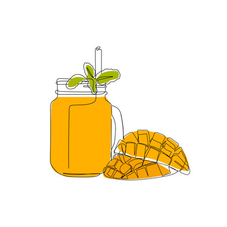 Glass of fresh mango juice, mango tropical fruit. Hand drawn vector illustration of fruit and juice in minimalist one line art style.のイラスト素材