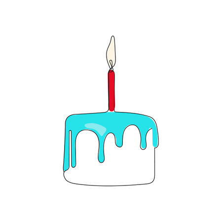 Birthday cake with candle on the top in continuous line art drawing style. Minimalist colorful linear sketch isolated on white background. Hand drawn vector illustration.のイラスト素材