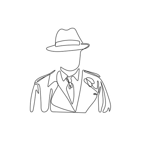 Mysterious man in hat and coat in one line drawing style. Faceless, anonymous concept. Hand drawn vector illustration.のイラスト素材