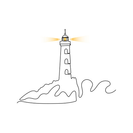 Lighthouse in stormy sea. Beacon in continuous line drawing style.のイラスト素材