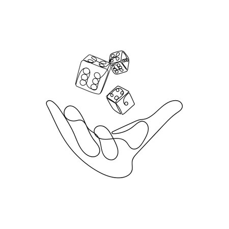Hand throwing dice. Take a chance, lucky hand. Gambler, business risk concept in one line art drawing style. Hand drawn vector illustration.のイラスト素材