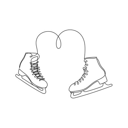 Pair of figure ice skates in one line drawing style. Winter accessories for skating and sport. Hand drawn vector illustration.のイラスト素材