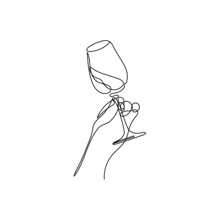 Glass of wine in a womans hand tasting, toasting. Hand drawn vector illustration.のイラスト素材