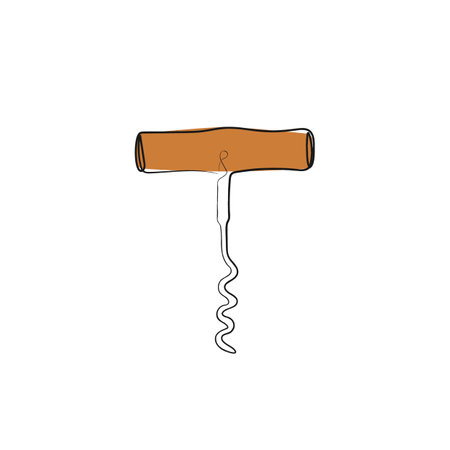 Opener for alcoholic beverages. Metal spiral and wooden handle. Bottle-screw or wine bottle opener. Hand drawn vector illustration.のイラスト素材