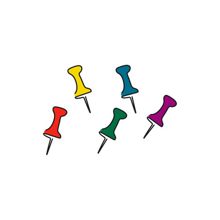 Set of multi colored push pins. Line art. Collection of various thumbtacks. Vector illustration.のイラスト素材