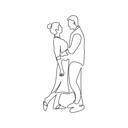 Romantic, hugging couple standing face to face. One line art. Man and woman in love want to kiss each other. Vector illustrationのイラスト素材