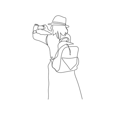 Travel girl with backpack making photo with smartphone. One line art. tourism concept. Hand drawn vector illustration.のイラスト素材