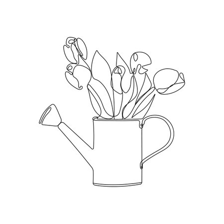 Watering can with flowers. One line art. Bouquet of tulips in a watering can. Spring vector illustration.のイラスト素材