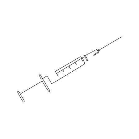 Syringe with needle. One line art. Medical equipment, injection. Hand drawn vector illustration.のイラスト素材