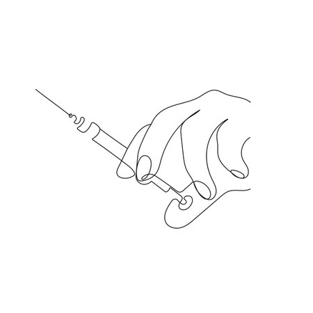 Hand holding syringe with needle. One line art. Vaccination, health care injection. medical concept. Hand drawn vector illustration.のイラスト素材