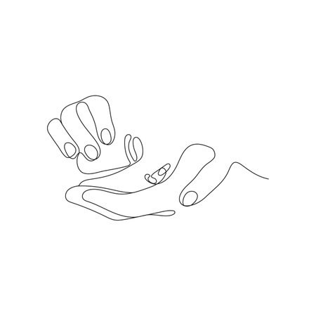 Hand holding two medical pills. One line art. Pharmacy, health care concept. Vector illustration.のイラスト素材
