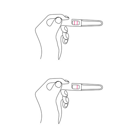 Woman holding a HCG pregnancy test. One line art. Negative and positive pregnancy test results. Hand drawn vector illustration.のイラスト素材
