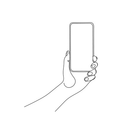 Hand holding phone, smartphone. One line art. Person holding device. Hand drawn vector illustration.のイラスト素材