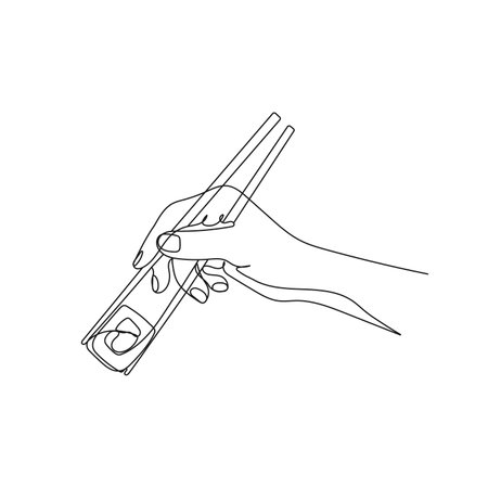 Hand holding chopstick to eat sushi roll. One line art. Hand drawn vector illustration.のイラスト素材