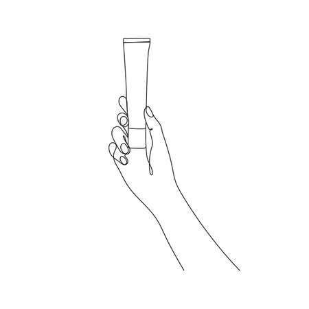 Hand holding tube of cosmetic cream. One line art. Hand showing beauty product. Hand drawn vector illustration.のイラスト素材