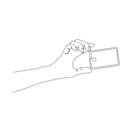 Hand holding a business or credit card. One line art. Hand giving a credit card to pay for shopping. Hand drawn vector illustration.のイラスト素材