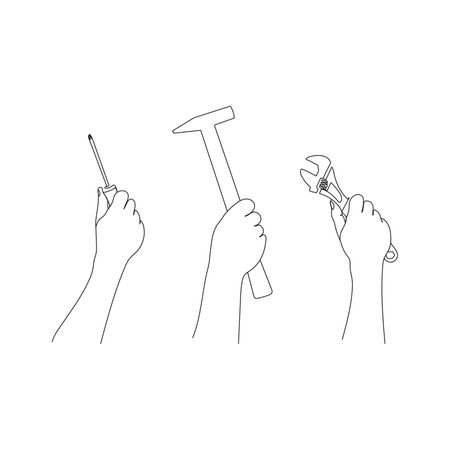 Human hands hold repair tools. Working tools - hammer, spanner, screwdriver. One line art. Hand drawn vector illustration.のイラスト素材