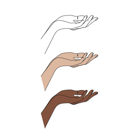 Outstretched hand palm up. One line art. hand gesture. Posing and gesturing. Hand drawn vector illustration.のイラスト素材