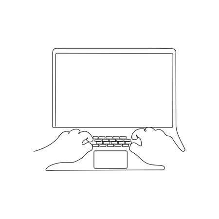Hand typing on laptop. Continuous one line drawing. Work, study concept. Hand drawn vector illustration.のイラスト素材