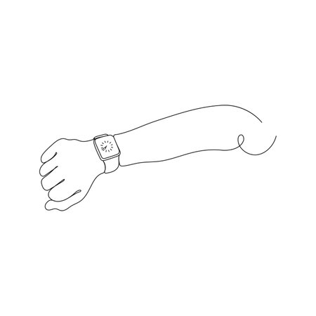 Human's hand indicates a wrist watch. One line art. Smart watch on the wrist. Hand drawn vector illustration.のイラスト素材