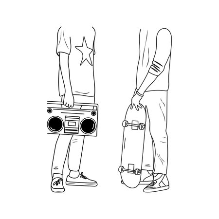teenagers lifestyle. Young men with boombox and skateboard. Youth style concept. Hand drawn vector illustration.のイラスト素材
