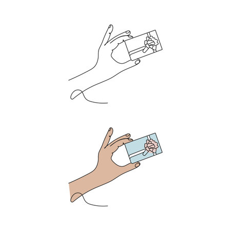 Human hand holding a gift box. line art. Present box with bow. Hand drawn vector illustration.