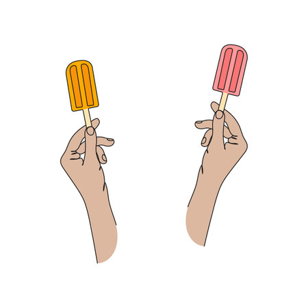 Human hand holding ice cream. Ice cream on a stick, eskimo pie. Hand drawn line vector illustration.のイラスト素材