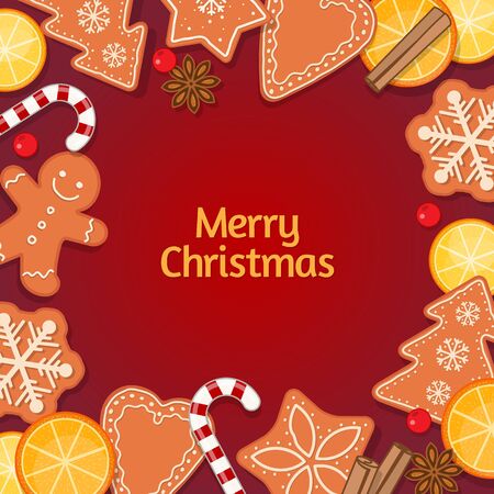 Christmas background with gingerbread  cookies, candys, spice and citrus fruit slices. Vector Illustrationのイラスト素材