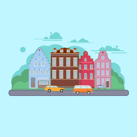 City street with houses and transport. Urban landscape illustrationのイラスト素材