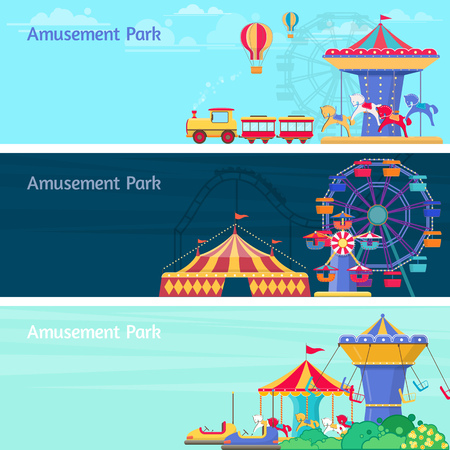 Amusement park horizontal backgrounds vector illustration with different carousels, swings and ferris wheelのイラスト素材