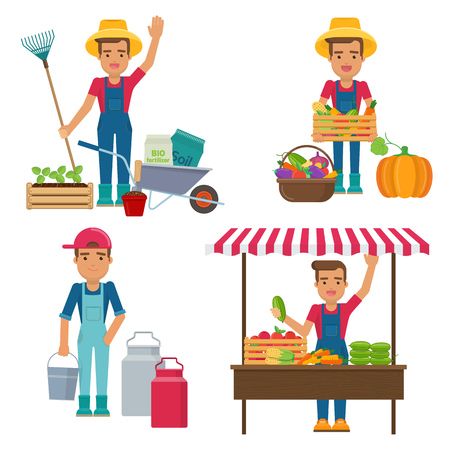 Young farmer with milk can, garden tools and harvestのイラスト素材